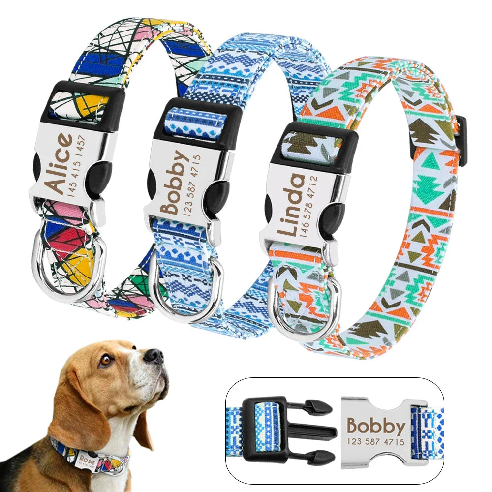 Adjustable Nylon Dog Collar Personalized Dogs Cat ID Collars With Engraved Name Buckle Anti-lost for Small Medium Large Dogs