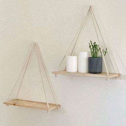 Wooden Swing Hanging Hemp Rope Wall Shelve Mounted Floating Plant Flower Pot