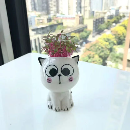 Ceramic Flowerpot Mini Cat Shaped Cartoon Cute Potted Plant Desktop Potted Expression Cat Plant Pot Desk Decorate Small Ornament