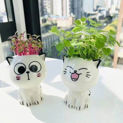 Ceramic Flowerpot Mini Cat Shaped Cartoon Cute Potted Plant Desktop Potted Expression Cat Plant Pot Desk Decorate Small Ornament