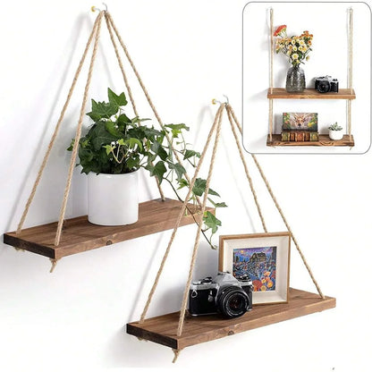 Wooden Swing Hanging Hemp Rope Wall Shelve Mounted Floating Plant Flower Pot