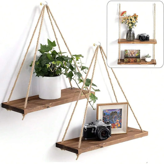 Wooden Swing Hanging Hemp Rope Wall Shelve Mounted Floating Plant Flower Pot